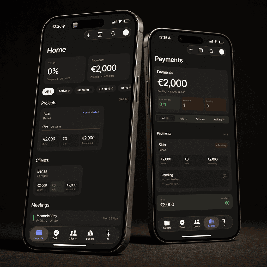 Two smartphones displaying a dark mode app UI built by Rysard Gvozdovic