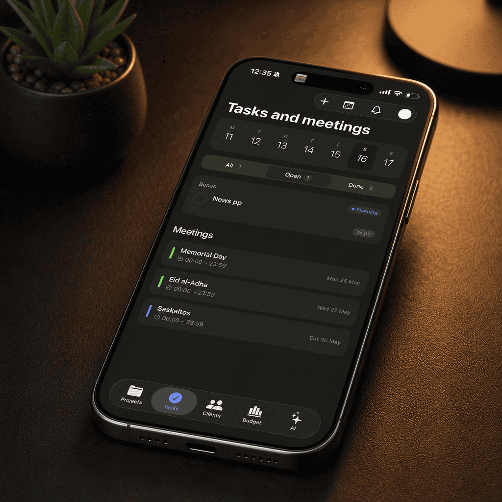 Smartphone displaying a dark mode mobile application interface